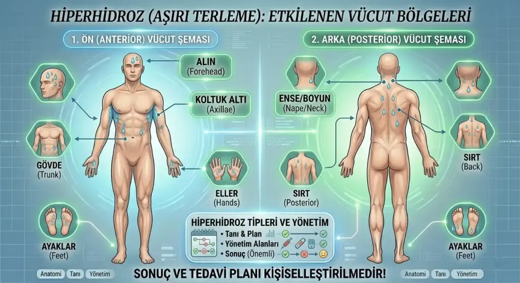 Aşırı terleme bölgeleri ve hiperhidroz tiplerini gösteren; alın, koltuk altı, eller, gövde, sırt ve ayaklardaki terleme yoğunluğunu işaretleyen ön ve arka vücut anatomisi şeması.