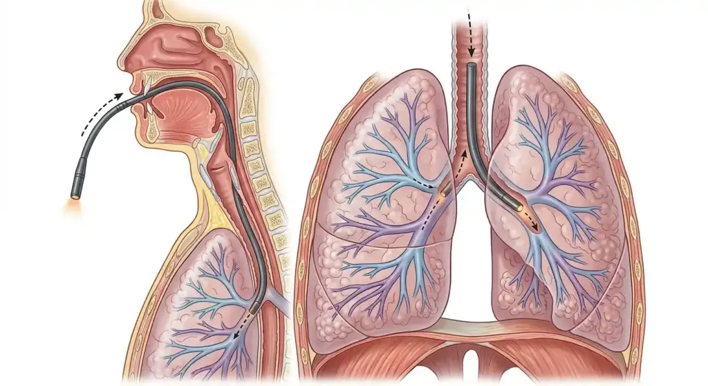 İnsan vücudu üzerinde bronkoskopun burun veya ağız yoluyla girerek trakea ve akciğer bronş ağacına ilerleyişini gösteren anatomik kesit diyagramı.