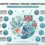 Robotik Yardımlı Torasik Cerrahi (RATS) infografiği; robotik kollar, cerrah konsolu ve akciğer kanseri tedavisinde kapalı yöntem avantajlarını gösteren medikal tasarım.