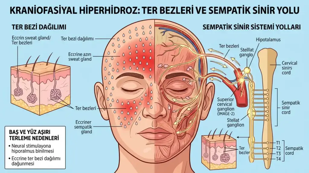 Baş ve yüz aşırı terleme nedenleri; kraniofasiyal bölgedeki ter bezleri dağılımı ile sempatik sinir sistemi yollarını ve stellat ganglion bağlantısını gösteren anatomi illüstrasyonu.