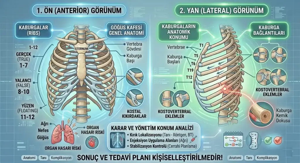 Kaburga Kırığı 1 İnsan göğüs kafesinin (rib cage) ön ve yan görünümlerini, gerçek, yalancı ve yüzen kaburgaların (1-12) anatomik konumlarını ve eklem bağlantılarını gösteren profesyonel şema.
