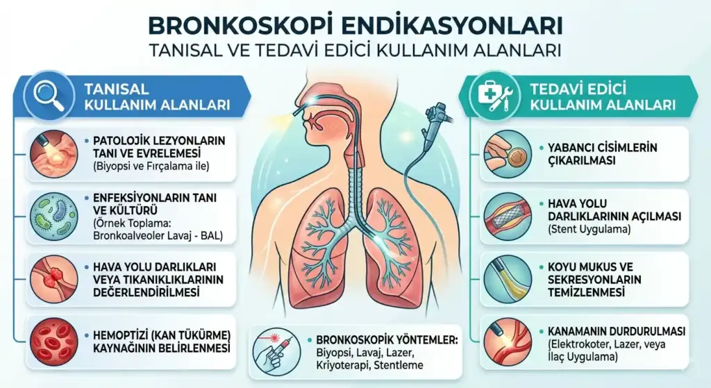 Bronkoskopinin tanısal (biyopsi, kültür, lavaj) ve tedavi edici (yabancı cisim çıkarma, stent, kanama durdurma) kullanım alanlarını özetleyen tıbbi infografik.