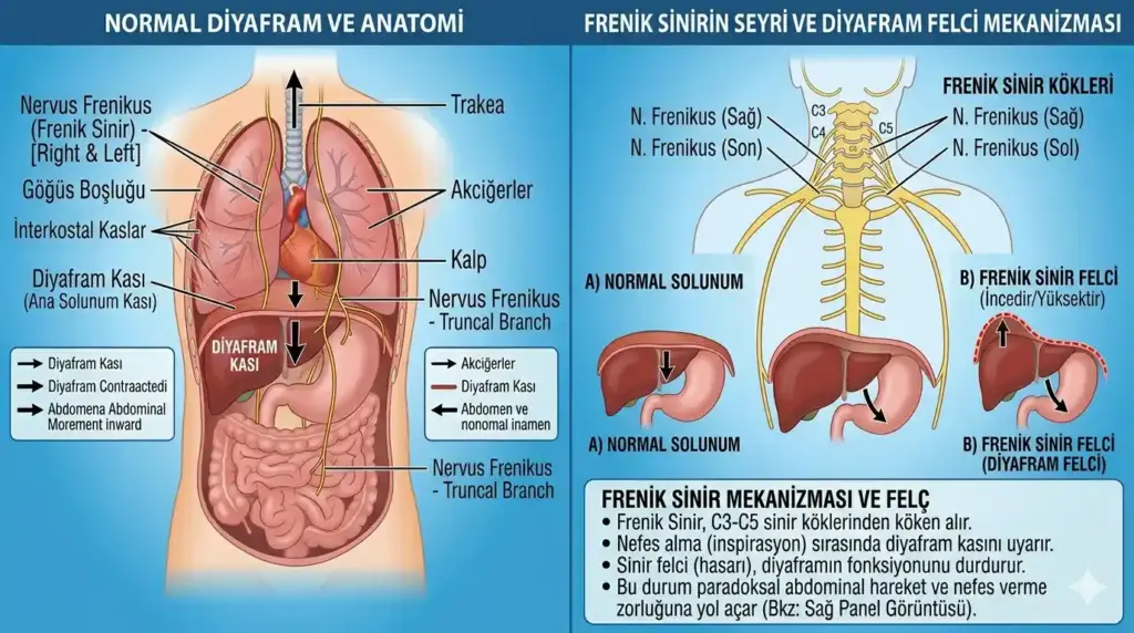 Sağlıklı solunum ve diyafram felci arasındaki farkı gösteren karşılaştırmalı diyagram; normal diyafram hareketi ile felçli (yükselmiş) diyaframın akciğer kapasitesi üzerindeki etkisini açıklar.
