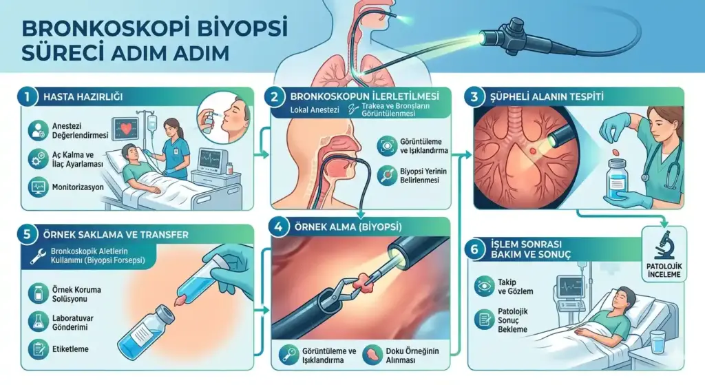 Bronkoskopi biyopsi aşamalarını gösteren tıbbi infografik; hasta hazırlığı, bronkoskopun ilerletilmesi, şüpheli doku tespiti, biyopsi forsepsi ile örnek alma ve laboratuvar transferi süreçlerini içerir.