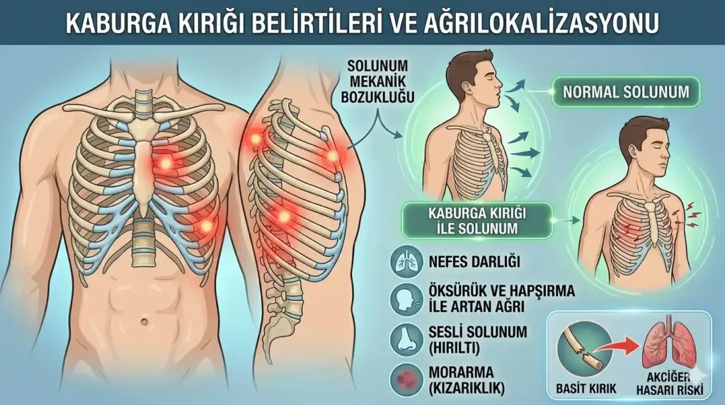 Kaburga Kırığı 2 Kaburga kırığı olan bir hastada ağrının yoğunlaştığı bölgeleri, nefes darlığı ve öksürükle artan ağrı gibi solunum mekanik bozukluklarını gösteren belirti haritası.