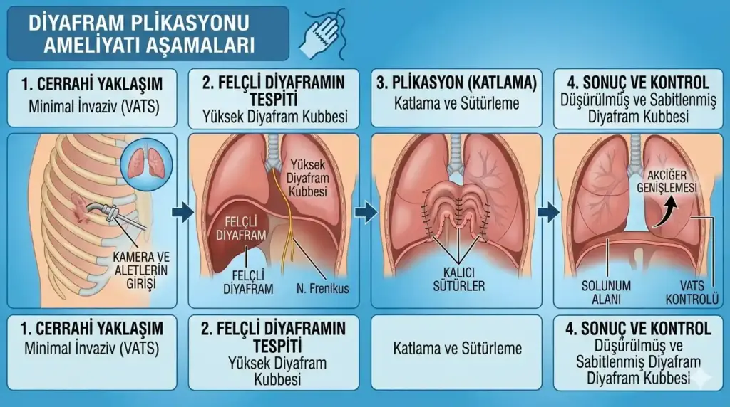 Diyafram plikasyonu cerrahisi aşamaları; minimal invaziv (VATS) yaklaşım, felçli dokunun tespiti, diyaframın katlanarak sütürlenmesi ve akciğer genişlemesi sonuçlarını gösteren cerrahi rehber.