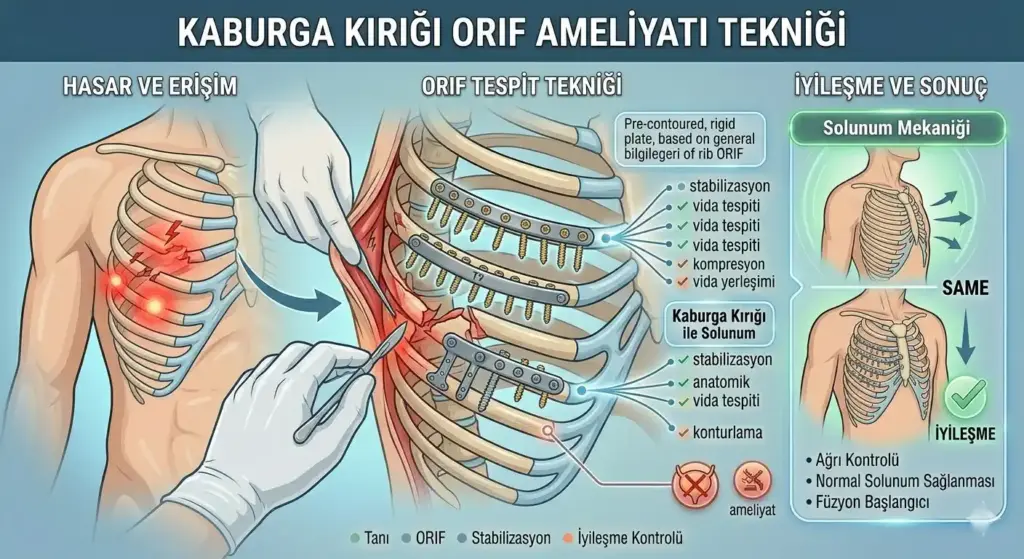 Kaburga Kırığı 3 Titanyum plak ve vidalar kullanılarak yapılan kaburga kırığı sabitleme (ORIF) ameliyatı tekniğini, cerrahi erişimi ve operasyon sonrası iyileşme sürecini gösteren şema.