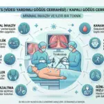 VATS (Video Yardımlı Göğüs Cerrahisi) kapalı akciğer ameliyatı yöntemi infografiği; torakoskop kullanımı, küçük kesi avantajları ve iyileşme sürecini gösteren medikal illüstrasyon.