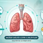 Akciğer kanseri 3. evre belirtilerini gösteren infografik; inatçı öksürük, nefes darlığı, göğüs/sırt ağrısı ve ses kısıklığı ikonları ile merkezde tümörlü akciğer illüstrasyonu.