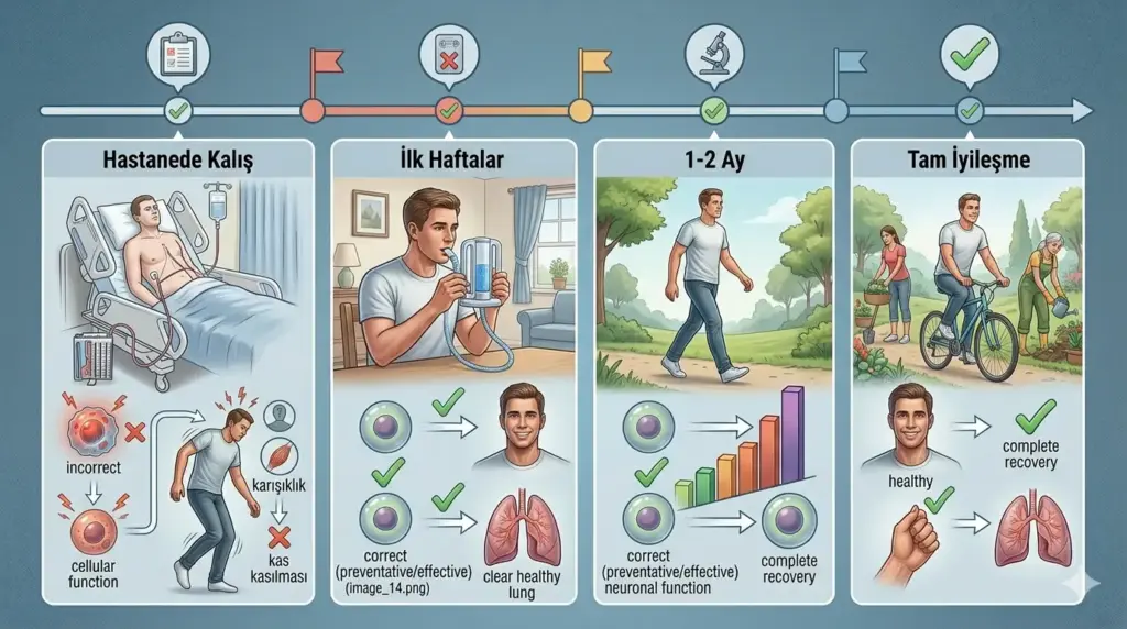 VATS lobektomi (kapalı akciğer ameliyatı) sonrası iyileşme takvimi; hastanede kalış, solunum egzersizleri, yürüyüş ve tam iyileşme evrelerini gösteren infografik.