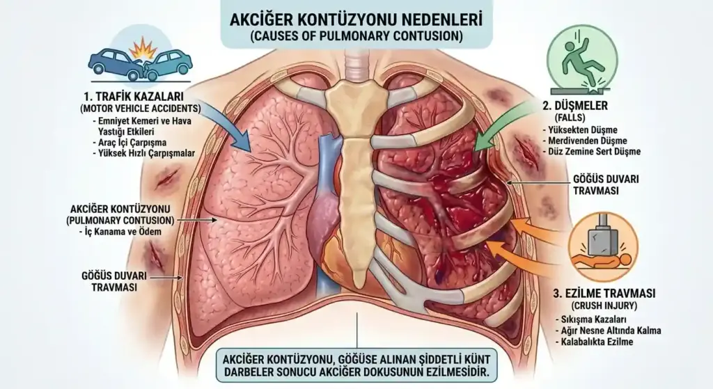 Akciğer Kontüzyonu (Akciğer Ezilmesi) 2 Akciğer kontüzyonuna neden olan trafik kazası, yüksekten düşme ve ezilme travmalarını gösteren tıbbi infografik şeması.