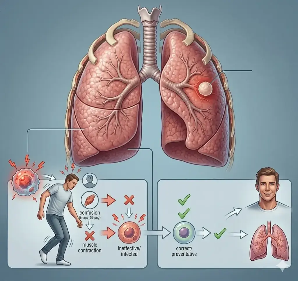 Akciğer anatomisi üzerinde 1. evre (Evre 1) akciğer kanseri tümörünün yerleşimini ve sağlıklı doku ile olan ilişkisini gösteren tıbbi illüstrasyon.