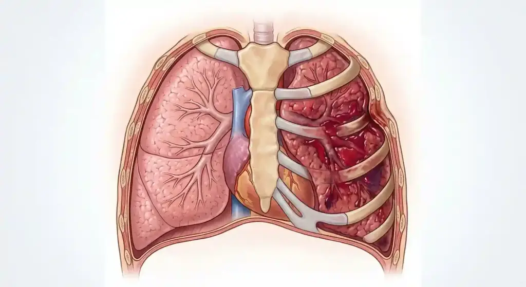 Akciğer Kontüzyonu (Akciğer Ezilmesi) 1 Künt göğüs travması sonrası sağ akciğerde oluşan akciğer kontüzyonu ve doku hasarını gösteren anatomik kesit şeması.
