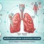 Akciğer kanseri 4. evre belirtileri ve metastaz bölgelerini gösteren tıbbi infografik; kemik ağrısı, karaciğer yayılımı, nefes darlığı, yutma güçlüğü ve kronik yorgunluk ikonları.