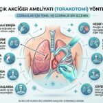 Açık akciğer ameliyatı (torakotomi) yöntemini ve aşamalarını anlatan modern tıbbi infografik; göğüs kafesi anatomisi, cerrahi müdahale ikonları ve açıklayıcı metinler içeren mavi tonlu tasarım.