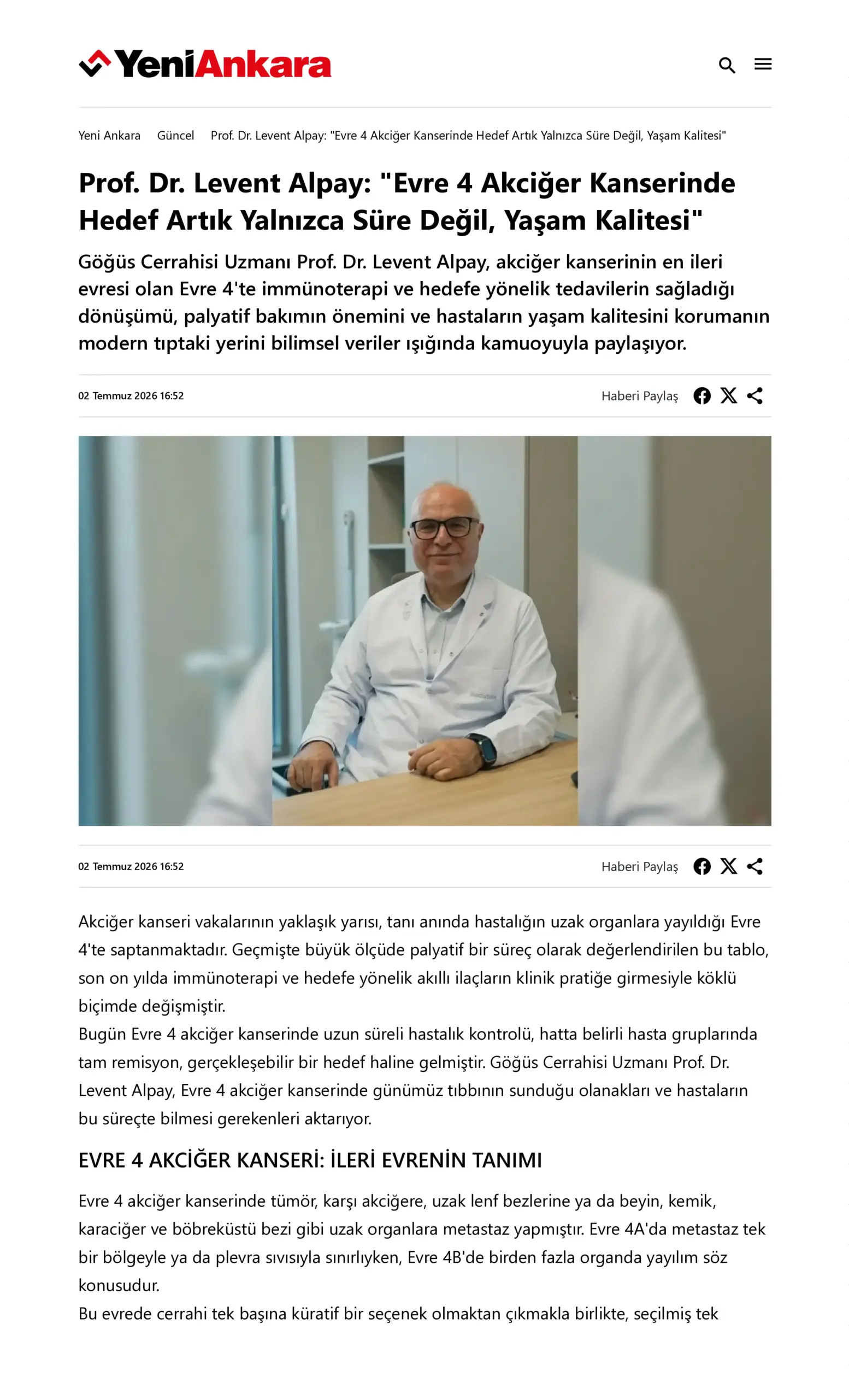 Prof. Dr. Levent Alpay: “Evre 4 Akciğer Kanserinde Hedef Artık Yalnızca Süre Değil, Yaşam Kalitesi”